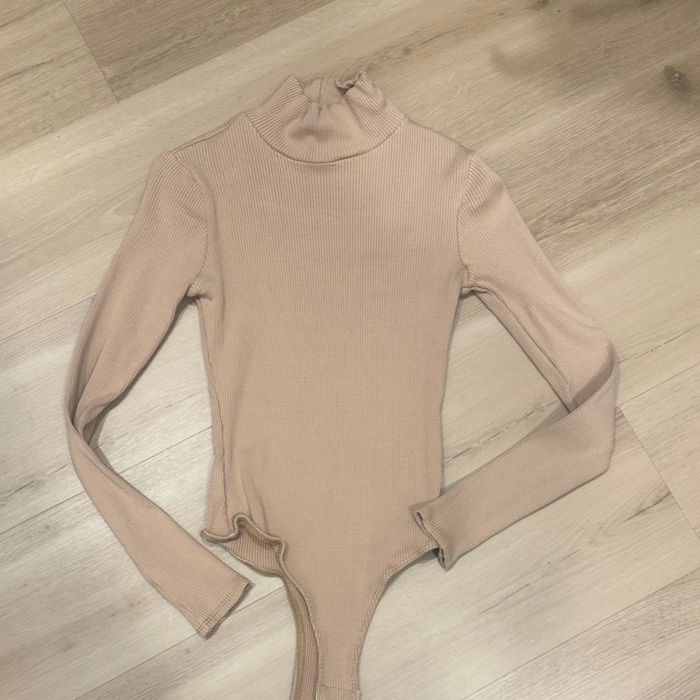 Lulu's Tan Ribbed Turtleneck Bodysuit
